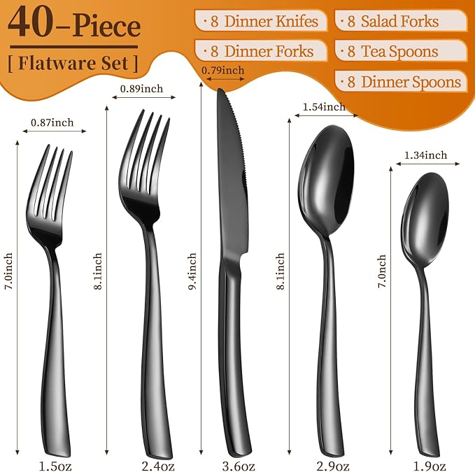 40-Piece Black Silverware Set, Heavy Duty Stainless Steel Flatware Cutlery Set Service for 8, Food-Grade Utensil Sets for Home Restaurant, Dishwasher Safe