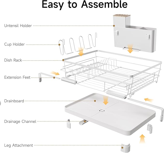 Runnatal Large Dish Drying Rack, Extendable Dish Rack Over Sink | Stainless Steel Dish Strainer with Drainboard, Utensil Holder & Cup Holder for Kitchen Counter, White