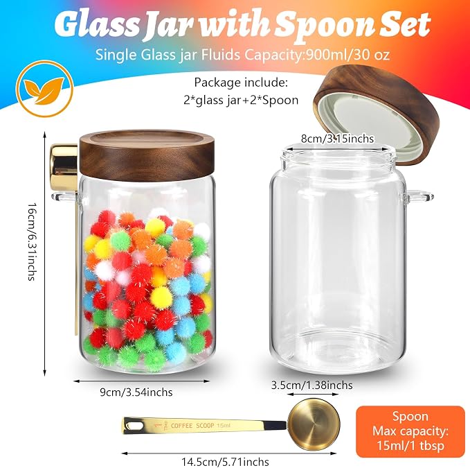 Glass Coffee Jars with Scoop Glass Jar Airtight Lid Seasoning Containers Glass Spice Jar Pantry Storage Containers for Kitchen Sugar Coffee Bean Nuts Cookies Herbs (900ml/30oz-2 pack -with spoon)