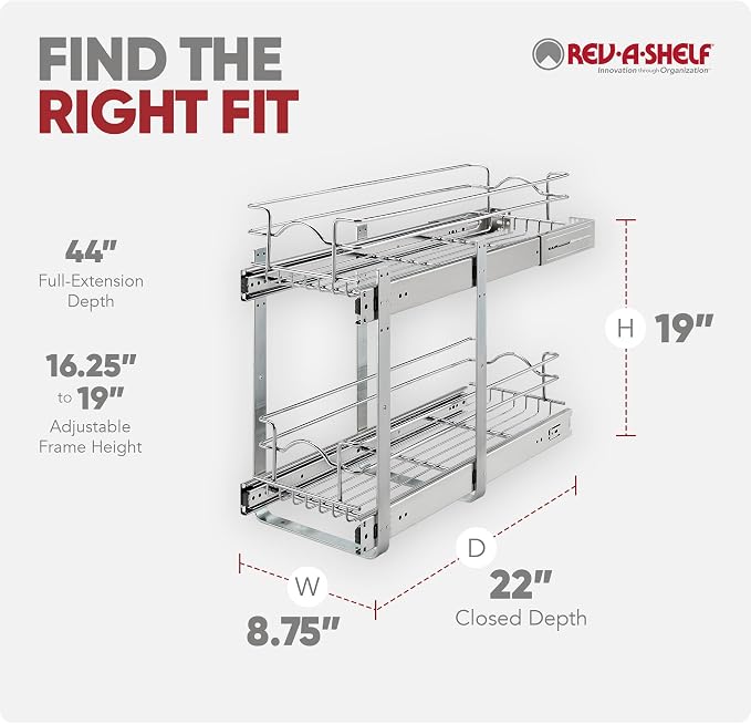 Rev-A-Shelf 2-Tier Pullout Shelf and Drawer Organizer for Kitchen Cabinets, Slide Out Storage Basket, Min Opening Width of 8.5", 9" x 22", 5WB2-0922CR-1