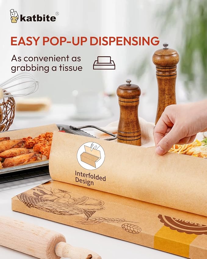 katbite 135Pcs 45 gsm Pop-Up Parchment Paper Sheets, Heavy Duty & Non-stick,10x15 In Pre-cut Unbleached Parchment Paper for Baking, Pop-Up Paper Dispenser for Cooking Wrapping Space-saving | Precut, Extra Strong, Heavy Duty and Non-stick Parchment Shee...
