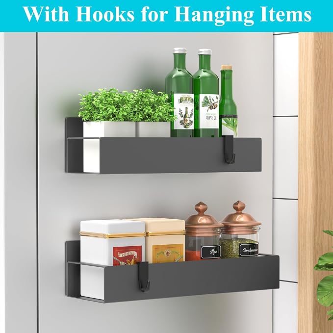Metal Magnetic Spice Rack for Refrigerator Dark Gray, 2 Pack | Magnetic Shelves Heavy Duty for Fridge in Kitchen, Seasoning Storage Organizer, For Oven Washer and Dryer, For Heavier Items