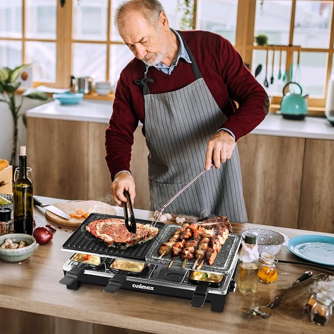 Raclette Table Grill, CUSIMAX Indoor Grill Electric Grill, Black | Portable Korean BBQ with 2 in 1 Reversible Non-stick Plate & Natural Grill Stone, 8 Raclette Pans & 8 Wooden Spatulas, 1500W