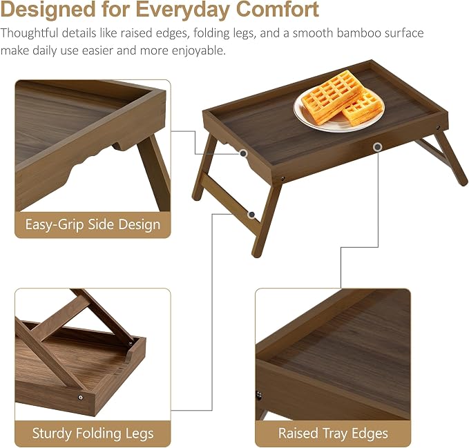Bamboo Breakfast Trays with Folding Legs, Large, 2-Pack, Walnut | Set of 2 large bamboo bed trays with folding legs and wave handles for meals, laptops and serving in bed.