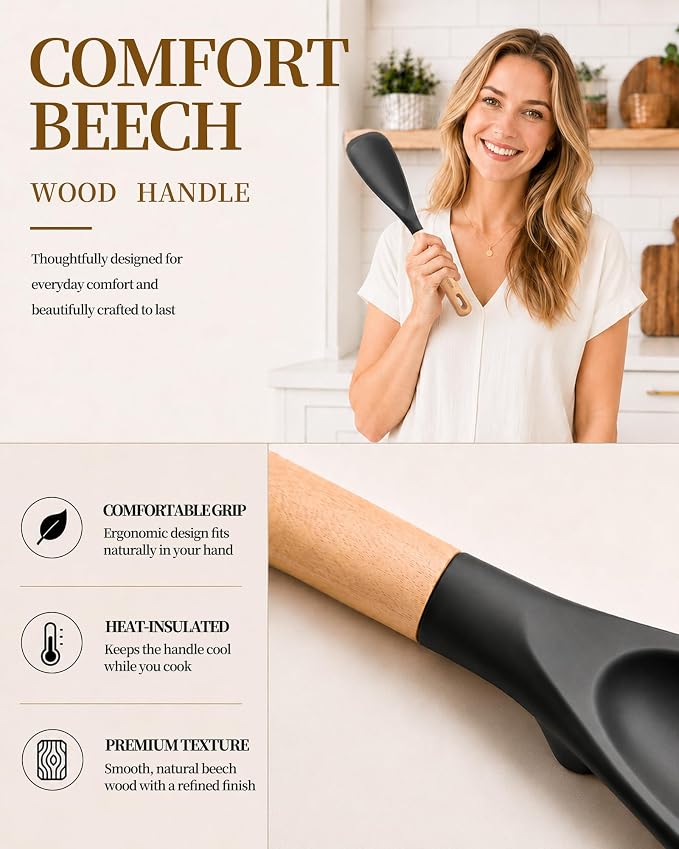Astercook Cooking Spoon, 2 Pack, Nonstick Safe Silicone Spatula | Long Wooden Handles, Heat Resistant, BPA-Free, Built-in Spoon Rest, Spatula Spoon For Stirring, Scooping, Scraping & Serving