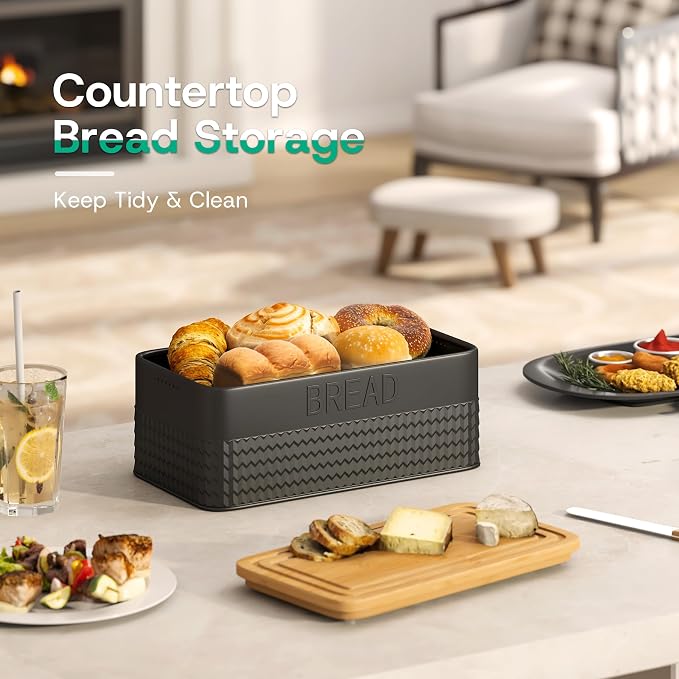 kiplant Black Bread Box for Kitchen Countertop, Large Bread Storage Container with Bamboo Lid, Iron Farmhouse Bread Box for Your House