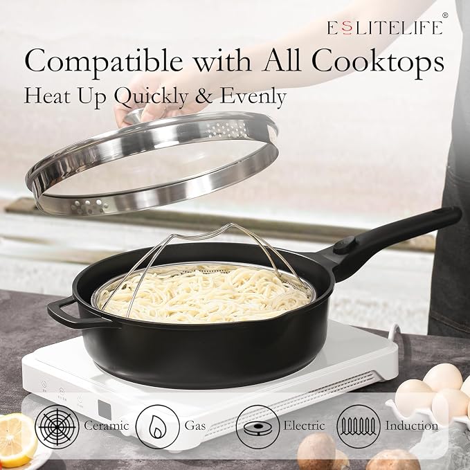 ESLITE LIFE Nonstick Always Pan with Lid, 11 Inch(4.5 Qt) Deep Frying Skillet Sauté Pan, Safe for Oven, Induction & All Cooktops, PTFE & PFOA Free (Black Granite, 11" w/Lid & Steamer)