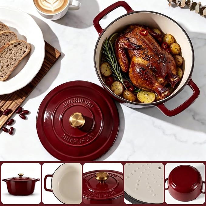 Enameled Cast Iron Dutch Oven 5.2 Qt with Lid, Red | For Sourdough Bread, Stews & Roasts, Oven Safe to 500F, Works on Gas, Electric & Induction Stovetops.