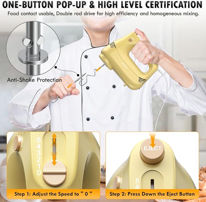 GUALIU Electric Hand Mixer, 304*(2* Beaters, 2* Dough Hooks), (1* Storage Bag) Handheld Mixer for Baking Cakes, Eggs, Cream Food Mixers, Turbo Boost /5 Speed Kitchen Blender YELLOW