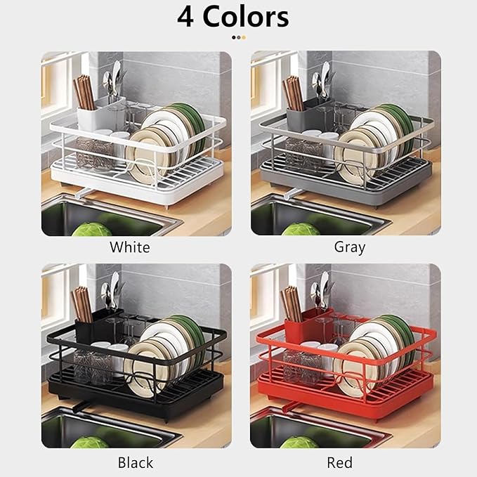 Dish Drying Rack for Kitchen Counter, Carbon Steel Sink Organizer with Drainboard & Cutlery Holder, Space-Saving Sturdy Metal Rack for Home Apartment (Red)