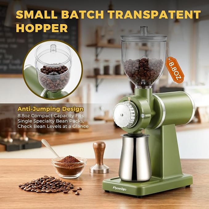 Electric Burr Coffee Grinder, 8 Grind Settings Cream Style Green | 64mm Stainless Steel Flat Burr, Low Static & Quiet, for Espresso Pour Over French Press, 3-in-1 Receiving Cup, Easy Clean