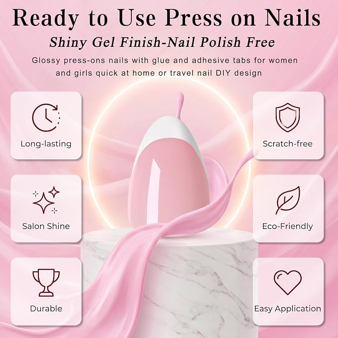 240pc Short Almond French Tip Press on Nails Pink Fake Nails with Glue Tab | Almond Nails Press ons Short Glue on Nails Acrylic Nails Stick False Nail Artificial Fingernail for Women Girls