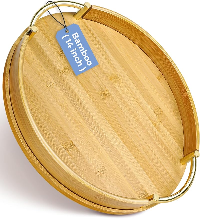 JUPELI 14″ Round Bamboo Serving Tray with Handles – Decorative Tray, Breakfast Tray, Coffee Table Tray, Ottoman Tray, Kitchen Platter for Drinks, Snacks, Vanity, Home Decor & Gifts