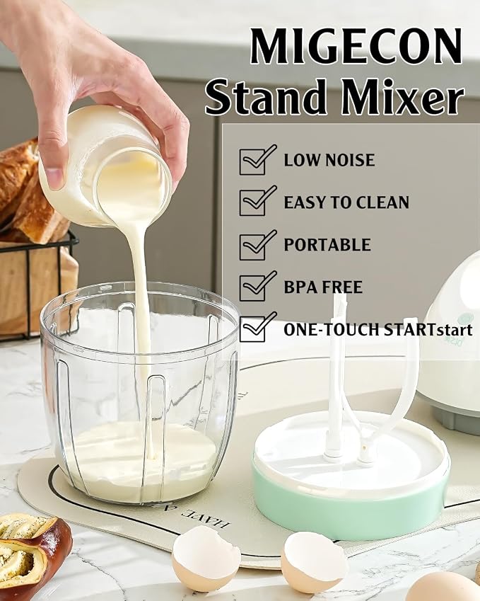 MIGECON Stand Mixer Electric Kitchen Mixer 900ml Egg Electric Whisk, White | Hands-Free Shampoo Frother, Rechargeable Egg Beater for Cake Baking, Milk Frother, One-Click Operation