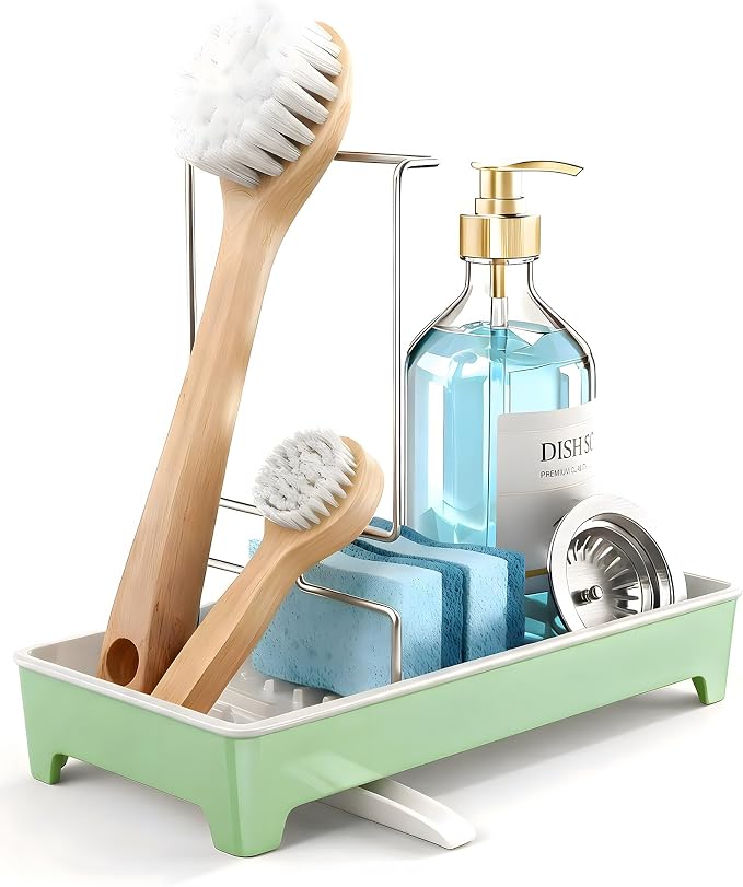 Minimalist Sink Caddy, Rustproof Sponge Holder for Kitchen Sink Green | Large Rustproof countertop organizer with 304 stainless steel brush holder, raised ridges and silicone drain tube