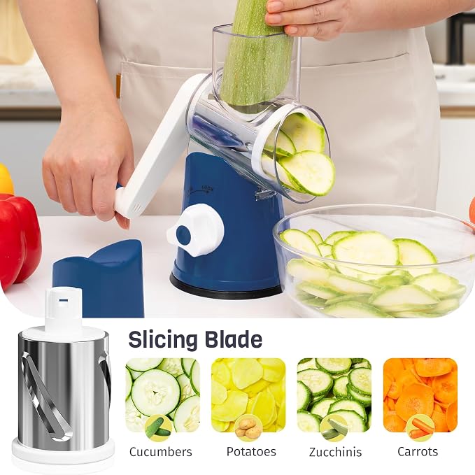 Cheese Grater Hand Crank, Rotary Cheese Shredder with 3 Interchangeable Blades for Coarse, Fine Shredding and Slicing, Strong Suction Base for Pizza, Pasta, Salad, Vegetables, Nuts, Chocolate