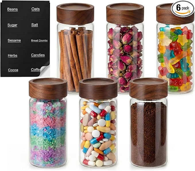 6 Pack 13 oz Glass Jars with Airtight Lids - 15cm Tall Aesthetic Glass Canisters for Coffee Bar, Loose Leaf Tea, Sugar - Decorative Apothecary Jars for Bathroom Vanity Organizers