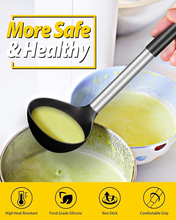 BUNDLEPRO Silicone Ladle Spoon Kitchen Utensils, 2 Pack, Black-Khaki | Non Stick, High Heat Resistant, BPA Free, Ideal for Cooking, Stirring,Serving Soups