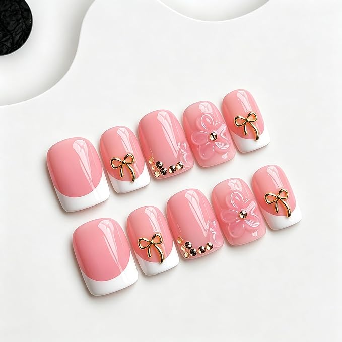 10pcs Handmade Press on Nails Short Thicked 3D Bow & Flower Designs Muti-Layer Gel Square Fake Nails Acrylic Luxury Rhinestones French Tip Hand Made Press on Nails for Women (S）