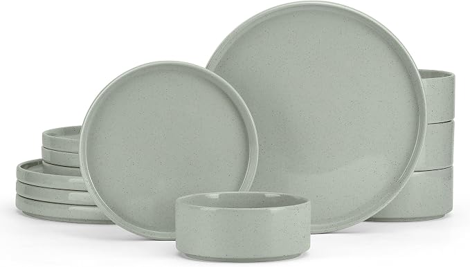 E-far Stoneware Dinnerware Sets, 12-Piece Plates and Bowls Set for 4, Green | Kitchen Modern Dishes Dining Ware, Chip and Scratch Resistant, Microwave & Dishwasher Safe, Speckled Green