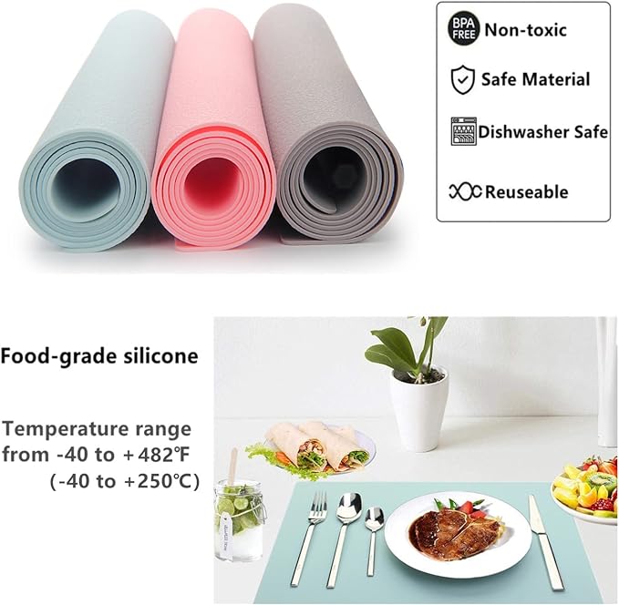 IYYI Silicone Placemats, Dining Placemats Set of 4, Waterproof Placemats for Kids, Non-Slip Silicone Mats for Dinner Table, Heat Resistant & Dishwasher Safe (Light Blue, 17.6" ×12.5")