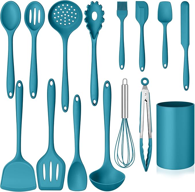 Homikit Silicone Cooking Utensils Set, 15 PCS Kitchen Utensil Spatula Set | Nonstick and Heat Resistant Kitchen Utensil Set with Holder, Kitchen Gadgets Home Essentials & Pot and Pans Accessories, Blue
