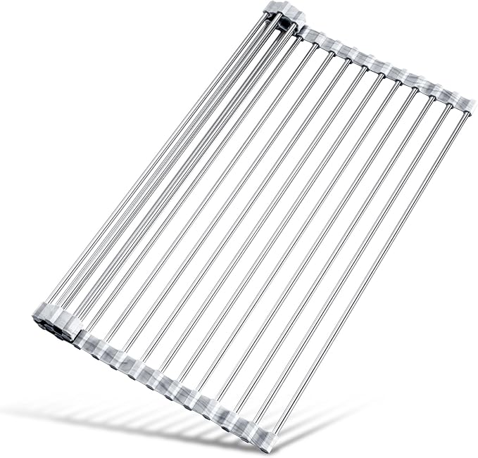 Tomorotec Roll Up Dish Drying Rack Over Sink, 304 Steel, 17.7x12.5, Marble | Anti-Slip Silicone Rims For Grip, Heat-Resistant Trivet Mat Holding Heavy Cookware, Rustproof Kitchen Counter Space Saver
