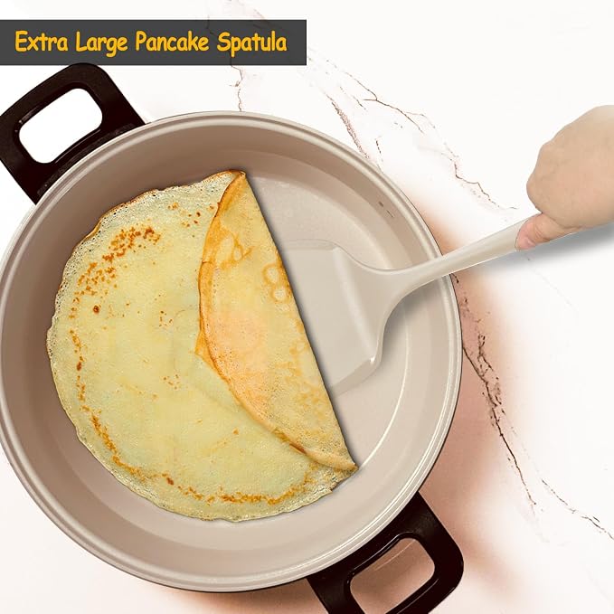 Silicone Pancake Spatula Turner with Lengthened Handle& Seamless Design, Heat Resistant Cooking Spatulas for Nonstick Cookware, Large Flexible Kitchen Utensils, Flipper for Egg, Pancake, Burger, Khaki