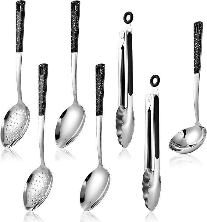 7 Pcs Stainless Steel Serving Spoon and Kitchen Cooking Utensils Set | Large Metal Spoon Soup Ladle Slotted Spoons Tongs for Buffet Catering, Heat Resistant Handle, Dishwasher Safe