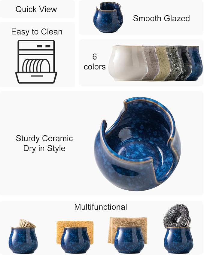 Zoeeker Ceramic Sponge Holder, Kitchen Sink Scrubby Caddy Organizer Dish Sponge Dish Rack for Scrubbers, Bathroom, Sink, Blue | Dish Brush Holder Sponge Organizer Cute Scrubby Caddy for Kitchen, Bathroom, Sink, Countertop, Farmhouse Kitchen Decor, Blue