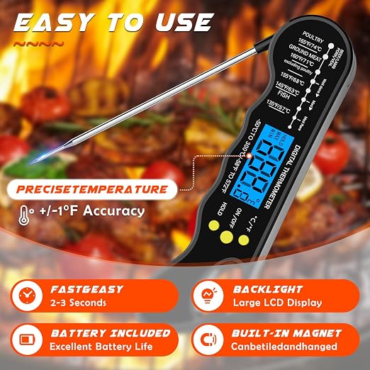 Instant Read Meat Thermometer, Accurate and Fast Digital Food Thermometer with Waterproof, Magnet, Backlight for Cooking, Baking, BBQ, Smoker, Grilling, Candy Making (Black)