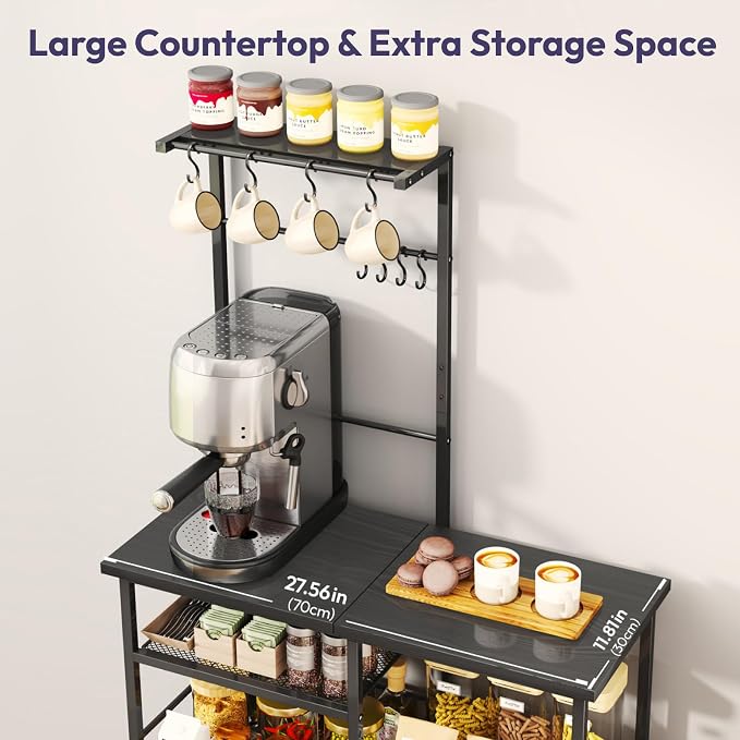 SWTYMIKI Bakers Rack with Storage - Coffee Bar Cabinet Organizer with 8 Hooks, Shelves & Cabinet Door, Coffee Station for Kitchen Dining Room, Microwave Stand with Adjustable Feet, Black