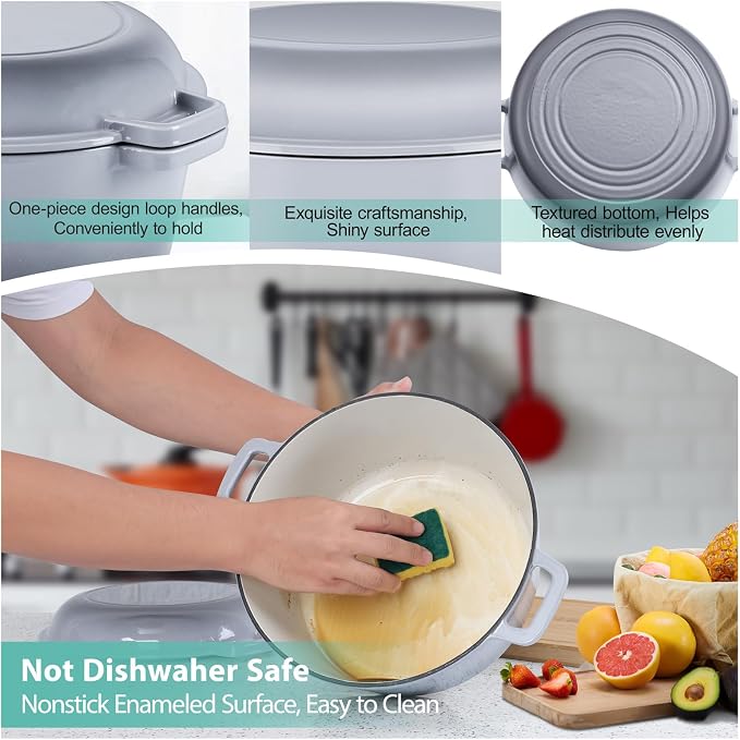 TeamFar 5qt Dutch Oven, Pre-seasoned Cast Iron for Bread Baking, Gray | 2-in-1 Bread Pan with Skillet Lid, Oven & Stovetop Safe for Baking Frying Stewing Grilling, Home Use Or Outdoor Camping
