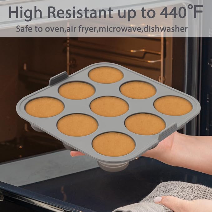 Silicone Muffin Pan Set of 2, 9-Cup Collapsible Cupcake Tray | Easy Pop-Out Release, Foldable & Space-Saving, 7.87 x 7.87 in, Non-Stick Cups, Oven & Air Fryer Safe