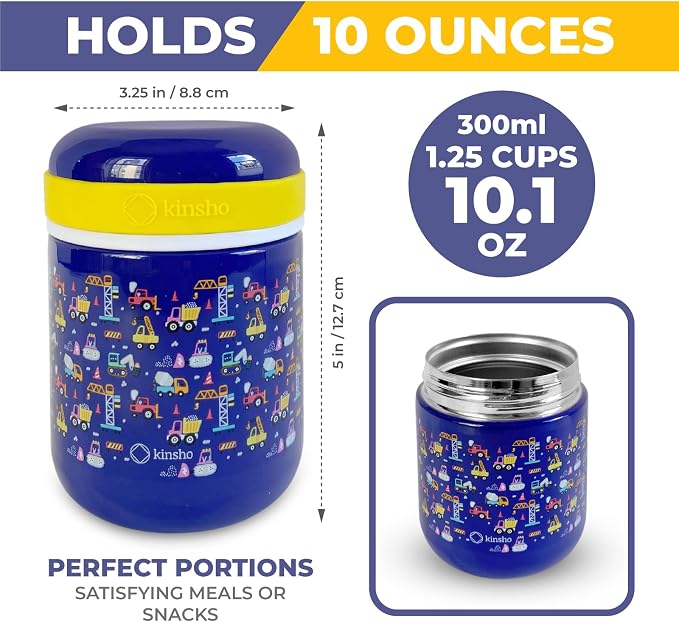 kinsho Bento Lunch Box Set with Thermo, Bag & Ice Pack, Blue Yellow Trucks | 5 Compartments, Removable Tray, Small Meal Snack Container Kids Boy Toddlers, Daycare Pre-School Kindergarten, Steel Food Jar