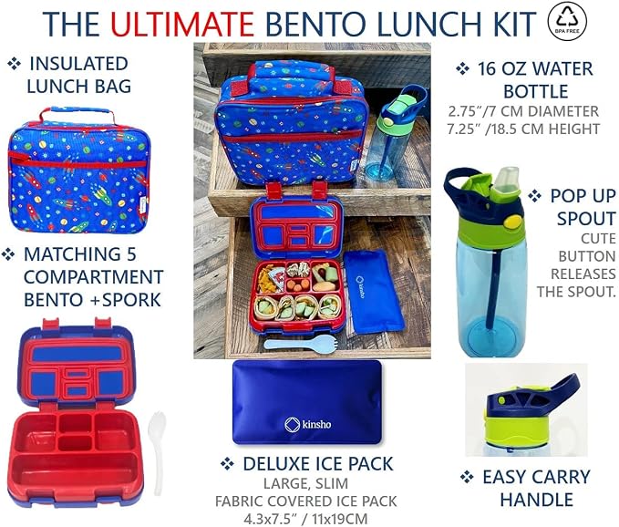 kinsho Kids Bento Lunch Box, Bottle, Ice Pack & Bag, Blue Red Space Rocket | 5 Leakproof Portion Compartments, BPA-Free Removable Tray, Insulated Meal, Snack Container for Toddlers, Pre-School & Daycare