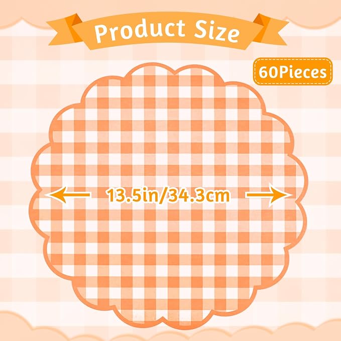 60 Pcs Orange and White Gingham Paper Placemats, Disposable Fall Placemat | 13.5 Inch Scalloped Checkered Place Mats Table Decorative for Picnic Table Setting BBQ Birthday Banquet Outdoors Party