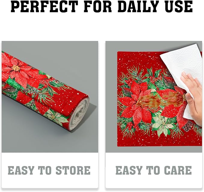 Red Poinsettias Placemats for Dining Table Set of 4, 12 x 18 Inch Red White Floral Xmas Tabletop Mats Red Rectangle Table Mat for Winter Holiday Party Kitchen Table Decor