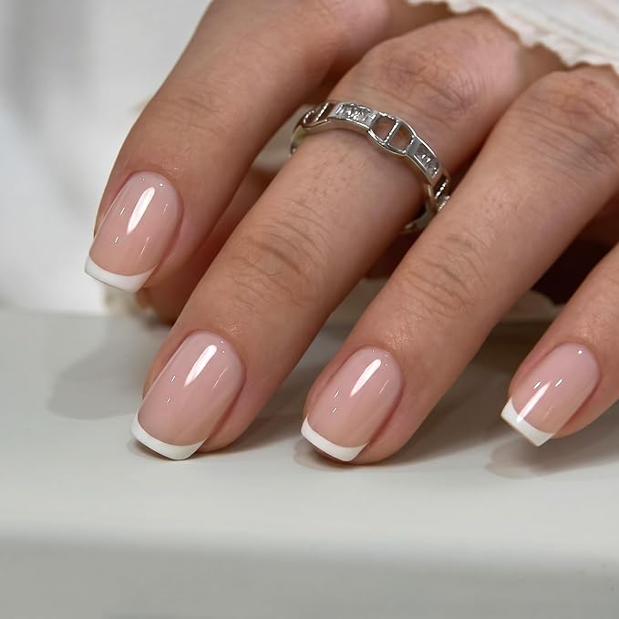 CurvLife Short Square French Tip Press On Nails, Silk Outline, Soft Gel | 32PCS, 16 Sizes, Salon-Quality Natural Fake Nails, Curved Fit, 7-14 Day Glue-On Wear, Reusable Stick-On Nails, Press-On Kit
