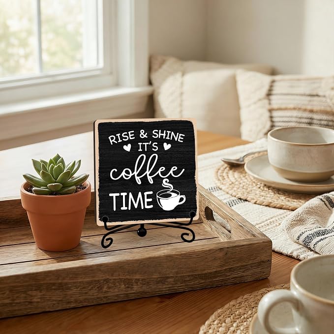 Farmhouse Coffee Bar Decor, 5"x5" Coffee Bar Sign | Rise & Shine It's Coffee Time Wood Plaque with Stand | Rustic Gift for Home Kitchen Tabletop Desk - A01