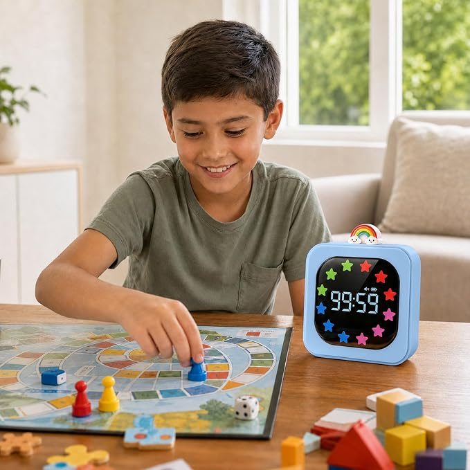 Digital Visual Timer for Kids with 12-Star Rainbow Display & 9 Color Modes | 99-Minute Count-Up & Countdown Timer with Silent Mode & Pause for Classroom, Home, Kitchen, Rechargeable, Blue