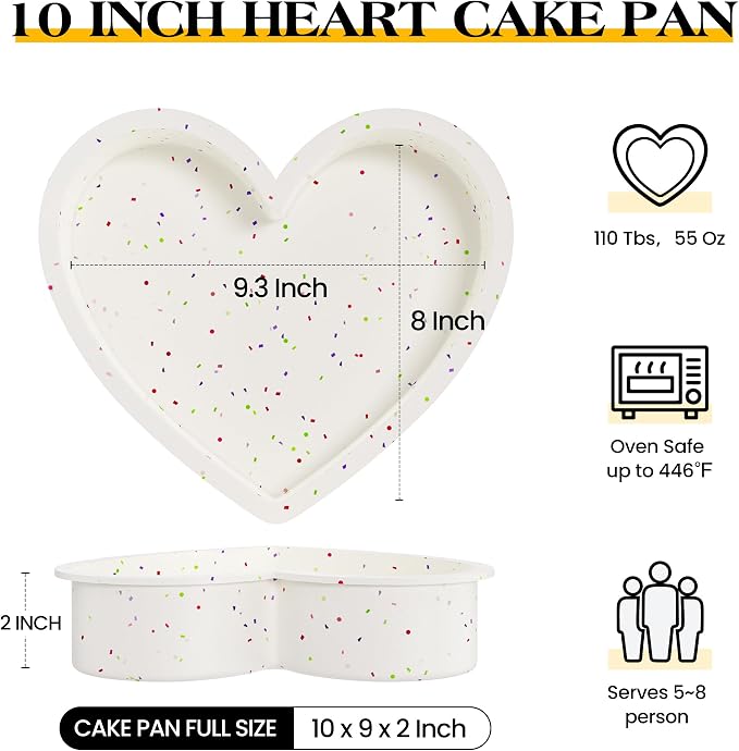 10 Inch Heart Shaped Cake Pans Silicone, Cream, Confetti | Set of 2, Large Nonstick, Food Grade Silicone Heart Molds, Easy to Clean, Oven Air Fryer Freezer Safe