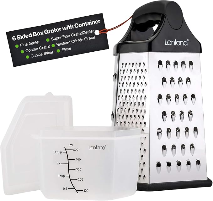 Cheese Grater with Container, Handheld Shredder, Zester (6 in 1) | 6 grating functions, coarse, medium, fine, micro, slicer blades, non-slip base, fitted measuring container with lid