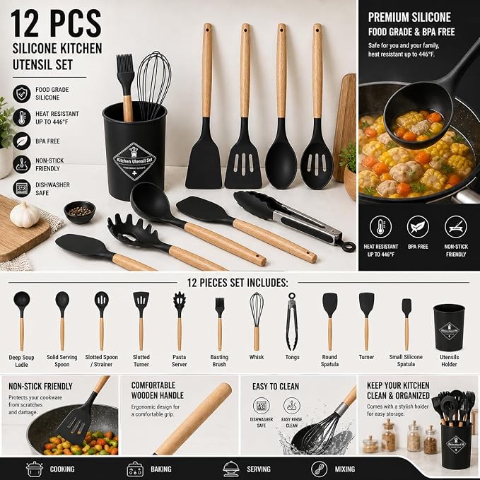 Caboh Silicone Kitchen Utensil Set 12 PCS – Heat Resistant Cooking Tools with Spatula, Serving Spoon, Tongs, Whisk & Holder, Nonstick Safe BPA-Free Kitchen Accessories Set (Black)