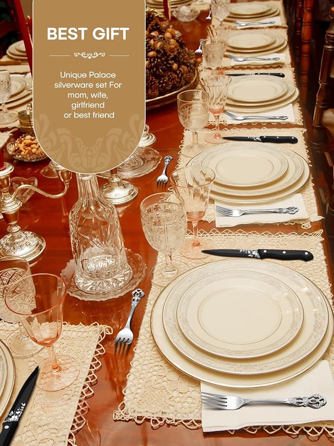 Stapava 48 Pcs Gorgeous Retro Royal Silverware Set with Steak Knives, Stainless Steel Cutlery Flatware Set for 8, Include Forks Spoons and Knives set, Dishwasher Safe Utensils Set, Mirror Polished