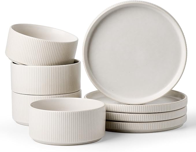 Ceramic Dinnerware Sets for 4, 8-Piece Deep Salad Plates and Cereal Bowls | Famiware Premium Stoneware Dishes, Chip & Scratch Resistant, Microwave & Dishwasher Safe, Everyday & Serving Use, Matte White