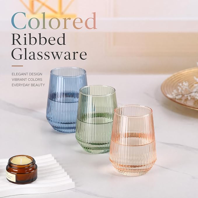 Colored Stemless Wine Glasses Set of 6, 14 Oz Lead-Free Ribbed Drinking Glass Cup for Wine, Cocktails, Champagne and Whiskey, Ideal Gifts for Weddings, Bars, Christmas, Halloween,Party, Daily Use