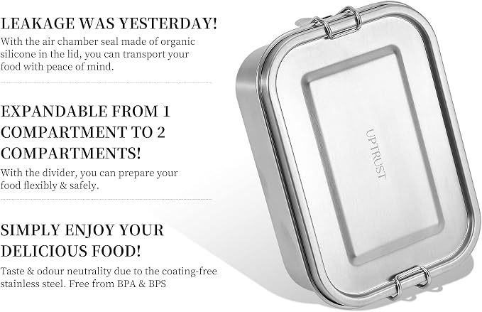 UPTRUST Leak Proof Stainless Steel Lunch Food Container, Large Bento Boxes Metal Lunch Box for Kids or Adults - Lockable Clips (1400ML/47oz)