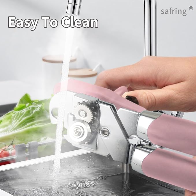 Safring Can Opener Manual, Handheld Strong Heavy Duty Stainless Steel Can Opener, Comfortable Handle, Sharp Blade Smooth Edge, Can Openers with Multifunctional Bottle Opener, Pink