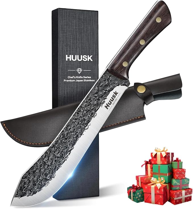 Huusk Butcher Knife for Meat Cutting, Carving Knives with Sheath | Hand Forged Meat Cutting Knife with Ergonomic Full Tang Handle for Kitchen, Camping, BBQ, Cool Gifts for Men